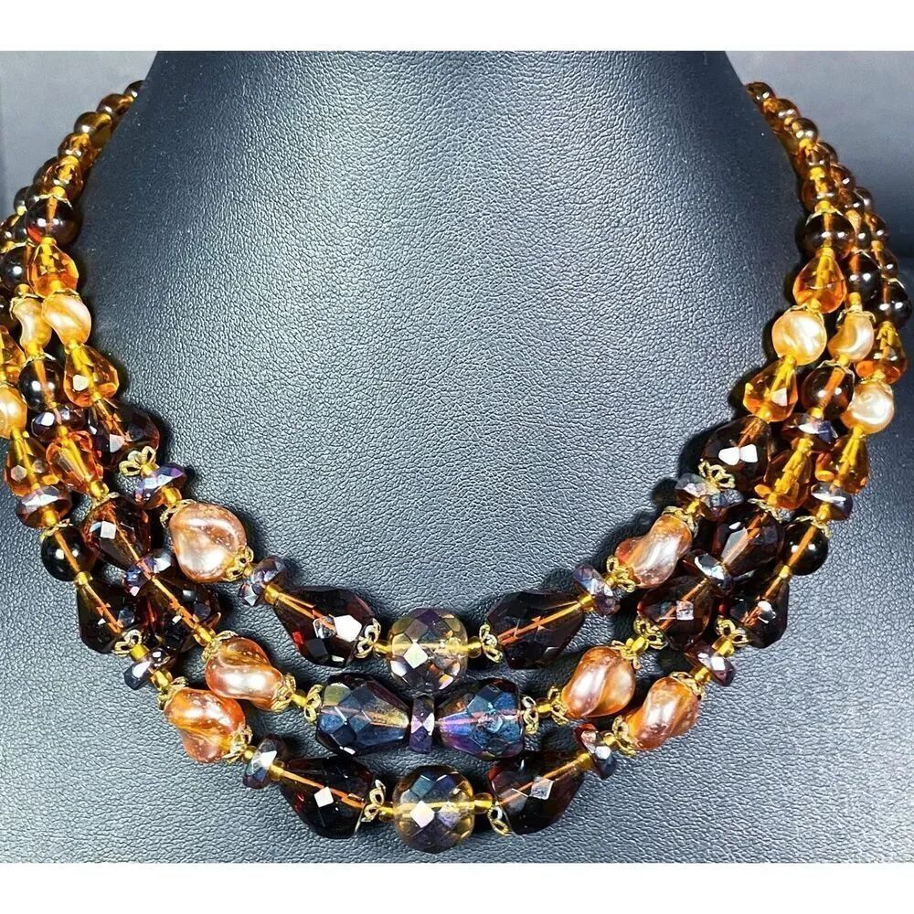 Vintage 30s 3 Strand Crystal Topaz Glass Missing Strand 19in W Germany